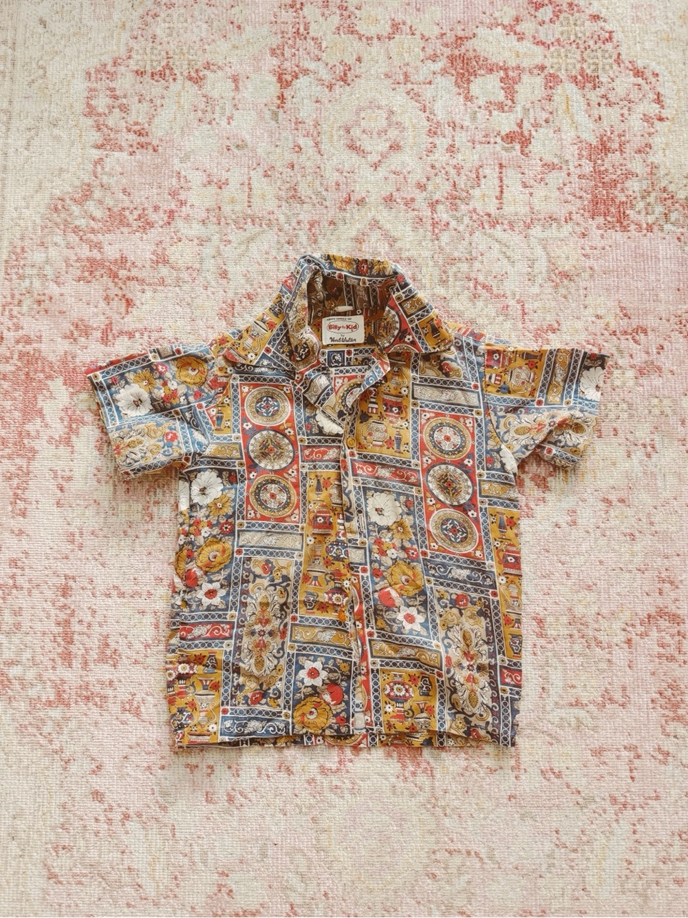 Vintage Kids Button-Down Shirt - Yellow, Blue, Brown Floral Patchwork